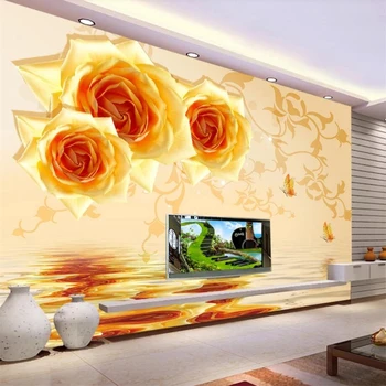 beibehang Персонализирани стенописи 3d фото тапети вода златна роза отражение фон стена живопис хол спалня тапет