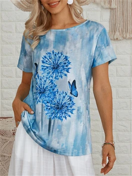 Charmingtrend тениска жени лято O-образно деколте флорални отпечатани къс ръкав върховете дами хлабав пуловер женски