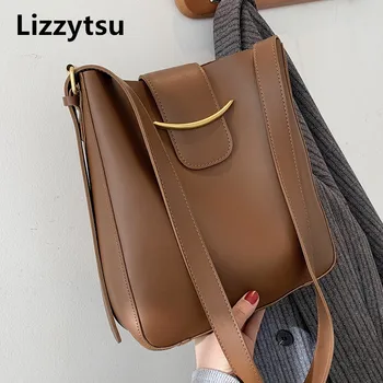Lizzytsu реколта площад луксозни чанти за рамо жени корейски случайни streetwear кофа чанта PU отдих голям капацитет съобщение чанта