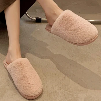 Обувки за жени 2023 Висококачествени зимни топли кратки дамски чехли Плътен цвят Затворен пръст Flock Low-heeled Zapatillas De Mujer