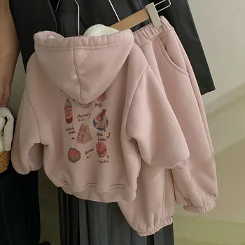 Зимно момиче за малки деца 2023 Комплект дрехи от две части Памучен дебел анимационен цип с качулка суитчър руно джогър панталон бебе момиче облекло
