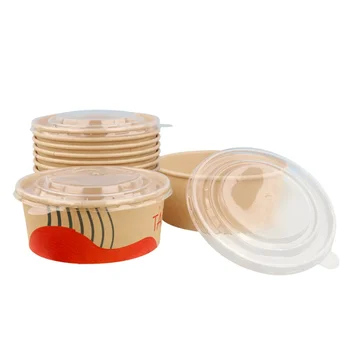 Персонализиран продуктза еднократна употреба персонализиран печат за опаковане на храна за вкъщи контейнер за храна за вкъщи хартиени салатни купи крафт хартиена купа с капак wholesa