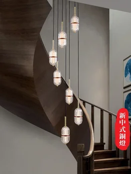 вила стълбище дълъг полилей нов китайски стил стълбище светлина дуплекс сграда празен въртящ се стълбищен полилей