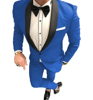Tailored Royal Blue Blazer Панталони Мъжки костюми Комплекти Шал ревера Сватбени екипировки Облекло за бизнес парти 2Pcs яке + панталони