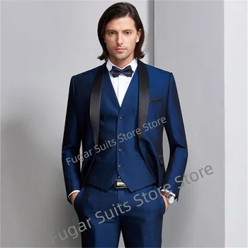 Бизнес синьо официални костюми за мъже тънък годни един бутон младоженец смокинги офис работа 3 парчета (яке + панталон + жилетка + вратовръзка) костюм Homme