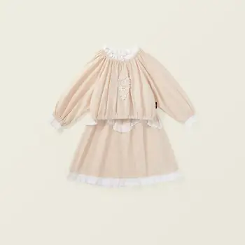 2024 Бебе момичета есенни дрехи костюми 2 бр деца принцеса дантела яка блуза+ Midi пола бебета розов пуловер отгоре + отдолу