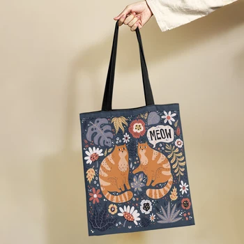 Yikeluo Дамска екологична чанта Сладка карикатура Оранжева котка пазарска чанта Daisy Monstera Boho Floral Girl Casual Handbag Tote