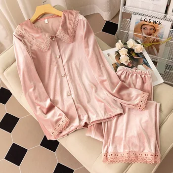 Pink Velvet Female Pajamas Set Спално облекло Sweet Lace Trim Nightwear Pyjama Pour Femme Loose Casual Velour Home Clothes Loungewear