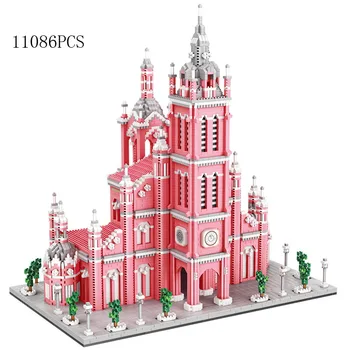 Creative Vietnam Pink Sacred Heart Church of Jesus Build Brick Micro Diamond Block Световно известна архитектура Nanobricks играчки