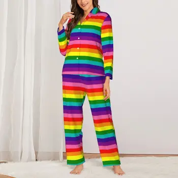 Rainbow гордост флаг пижама комплект пролет ЛГБТ цветни ивици мода Начало спално облекло дамски 2 парчета извънгабаритни потребителски дома костюм