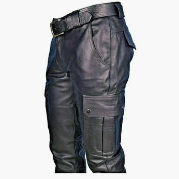 мъжки панталони Biker есен PU кожени копчета ретро мода мотоциклет зимата панталони дъна плюс размер тънък годни