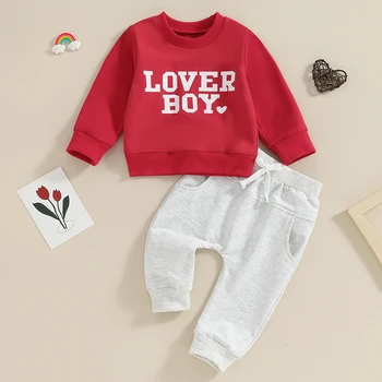 Baby Boy Свети Валентин тоалети дълъг ръкав суитчър плътен цвят панталони комплект малки деца