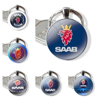 Glass Cabochon Ключодържател Висулка Ключодържатели за кола Ръчно изработено лого на SAAB Car