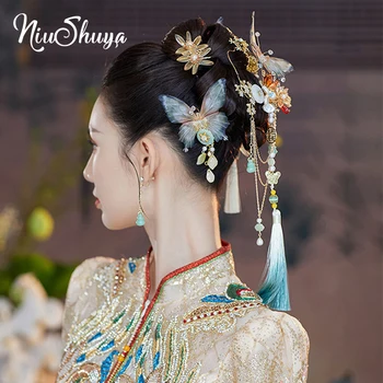 NiuShuya булка ретро китайски стил аксесоари за коса пискюл сватба пеперуда фиби обеци комплект Hanfu пълен комплект бижута