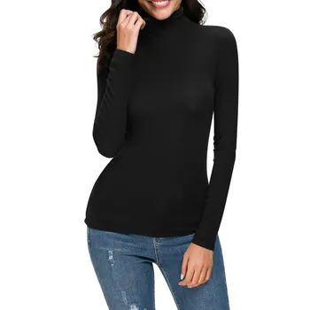 Дамски дълъг ръкав тениска плътен цвят поло върховете тънък годни разтеглив основни дъна случайни женски тройници Camisetas