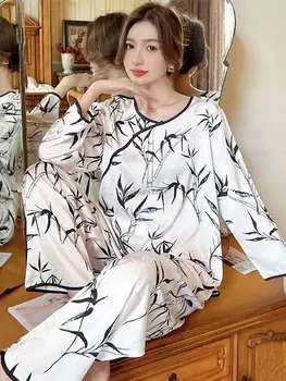 2023 Подобрен китайски ретро стил бамбуков печат пижами Дамски пролетни и есенни панталони с къси ръкави Домашно облекло S318