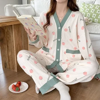 Нова дамска пижама дълъг ръкав панталони Домашен костюм Просто ежедневно и сладко спално облекло за жени през пролетта, есента и зимата
