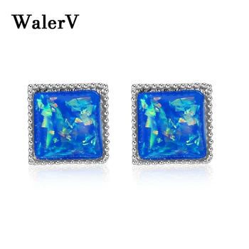 WalerV 2018 Сребърен цвят имитация син квадратна форма опал камък стъд обица за жени комплект мода чар бижута сватбени подаръци
