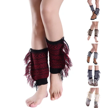 Жените Boho ботуши маншети топери странични ресни плета раирани къси чорапи крак нагреватели