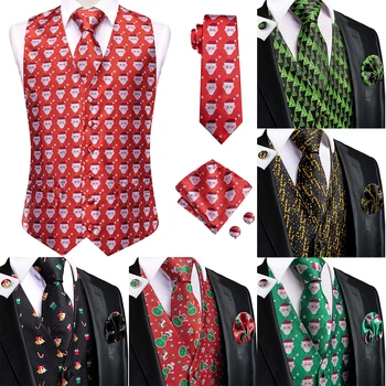 Hi-Tie Christma червена коприна мъжки жилетка вратовръзка бизнес рокля тънък без ръкави яке 4PC ханки копче за ръкавели костюм жилетка страна дизайнер