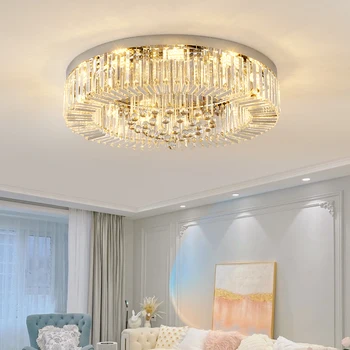E14 Пост модерна кръгла кристална луксозна таванна лампа за хол спалня модел стая вила арт декор метална светлина