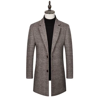 Ново есенно и зимно мъжко вълнено палто Mid-Long Trench Coat Класически плътен цветен печат плюс памучно сгъстяващо яке S-4XL