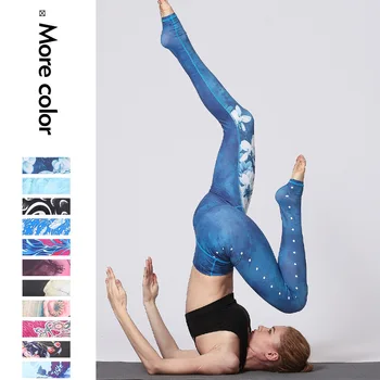 Нов стегнат йога костюм жените висока талия хип лифт крак стъпка панталони спортни фитнес танц отпечатани йога панталони