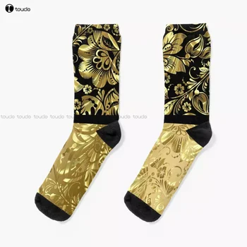 Черно и лъскаво злато флорални дамаски модел чорапи персонализирани потребителски унисекс възрастни тийнейджър младежки чорапи 360 ° цифров печат