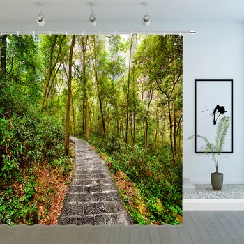 Green Forest Mountain каменна стълба душ завеса джунгла растение естествен пейзаж печат баня декор полиестер плат баня завеса