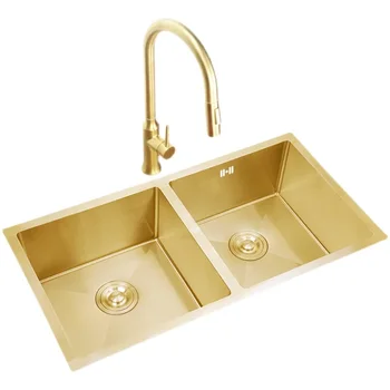  Gold нано вода двоен резервоар със същия размер, 304 неръждаема стомана удебелена кухненска мивка, зеленчуков басейн, домашна употреба