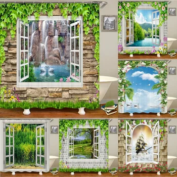3D прозорец отваряне пейзаж естествен пейзаж отпечатани душ завеса миеща се баня завеса баня декорация с кука завеса