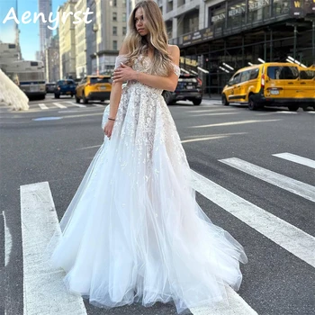 Aenyrst Sweetheart A Line Сватбени рокли от рамото Applique Backless Lace Sweep Train Булчинска рокля Елегантна роба De Mariée