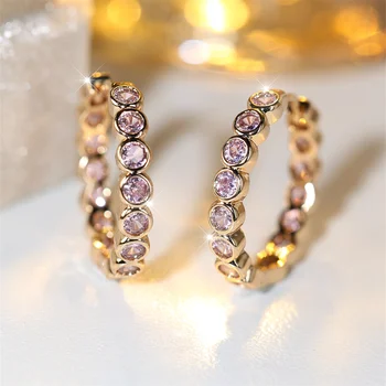 елегантен розов кристал циркон обръч обица един ред малки кръгли каменни обеци за жени реколта златен цвят сватбени бижута подарък