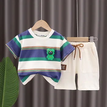 Летни дрехи за деца момчета облекло комплект корейски стил бебе момче карикатура раирани къс ръкав тениски и шорти детски костюми