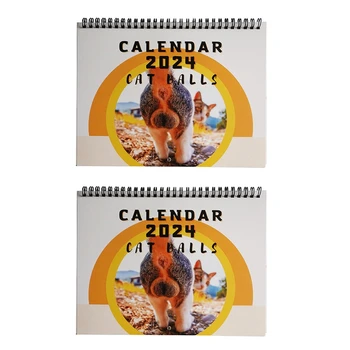 2PCS 2024 Календарен комплект януари 2024 - декември 2024, 2024 Календар Котки Задни дупки Календар 9.8X7.7Inch