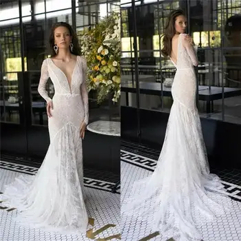 2020 Нови русалка сватбени рокли V врата дълъг ръкав апликация дантела булчински рокли по поръчка Backless Sweep влак сватбена рокля