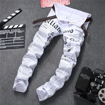 Hole Casual Straight Fashion White New Style Denim Jeans Long whiteTrousers Men's Jeans Denim White Newspaper Printing