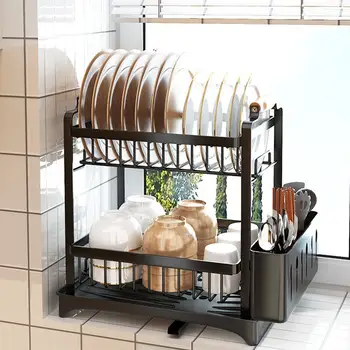 Сгъстяване Upgrade Кухненска стойка за съхранение 2 Tier Dish Drainer Неръждаема стомана пръчици Рафт Организатор Кухненски организатор Инструменти
