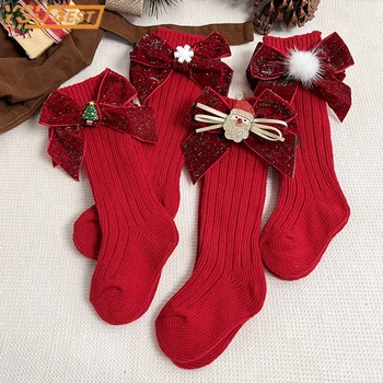 испански стил детски чорапи Коледа Bowknot Бебешки коледни чорапи Дълги вълнени чорапи Новородено бебе момичета принцеса чорапи