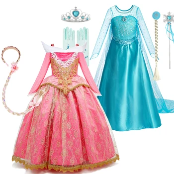 Момичета Спящата красавица костюм Детски косплей конкурс Елегантни дрехи момичета Елза карнавал Аврора фантазия принцеса рожден ден