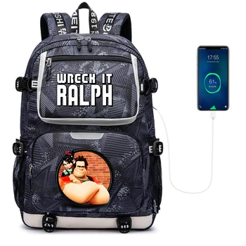 Disney Wreck-It Ralph USB Голям капацитет Тийнейджъри Училищни чанти Жени Мъже Лаптоп Пътуване Раница Момчета Момичета Книга Чанти