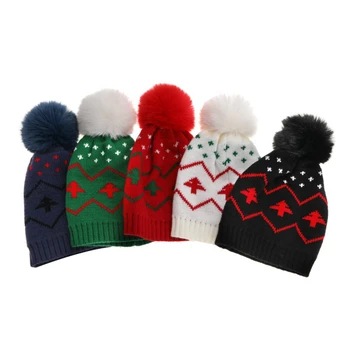 Коледа Детски зимни шапки за момчета Плетене на една кука Капак Малко дете Момиче Вълна топка капачка Деца Бебешки аксесоари