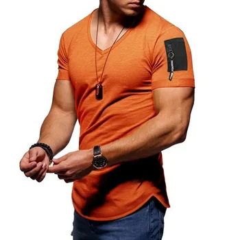 B1601 Къс ръкав цип рамо улично облекло хип-хоп лято T риза мъже парагади извити подгъва тениска тънък смешно тениска плюс размер