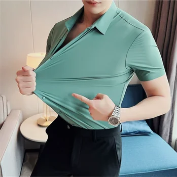 6 цвята Висококачествени нови твърди ризи с висока еластичност Безшевни ризи с къс ръкав Мъже Slim Social Casual Бизнес официална рокля ризи