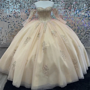 шампанско лъскави рокли Quinceanera Сладка принцеса Applique дантела дълъг ръкав топка рокля рожден ден рокли нос Vestidos De 15
