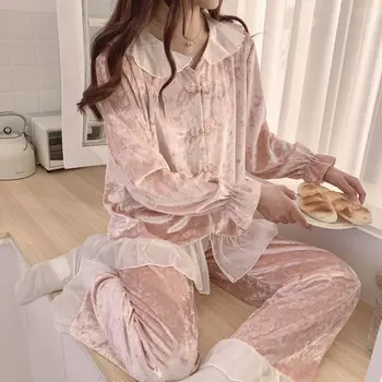 2024 Нови пижами жени пролет есен злато кадифе топло жилетка сладък костюм домашно облекло женски случайни плътен цвят нощници комплекти