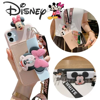 Disney Мики Мини телефон случай за IPhone 15 14 13 12 11 Pro Max Plus сладък удароустойчив Поставете карта монета чанта защитна обвивка