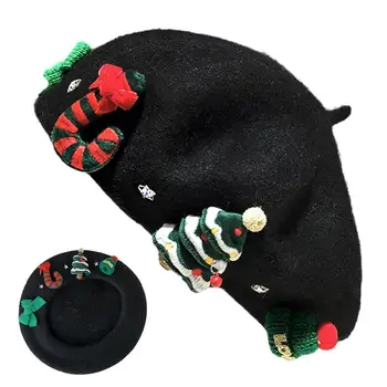 Коледна барета шапка за жени момичета Новогодишен подарък за приятелки Мека топла вълнена барета есен зима художник шапки