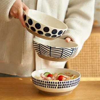 8inch Керамични големи Ramen Bowl Red Blue Dot супа салата купа порцелан японски юфка купа прибори за хранене