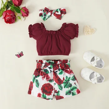 Новородено бебе момиче лято плътен цвят кръгло деколте с къс ръкав яке с цветен принт шорти мода комплект от 4 части